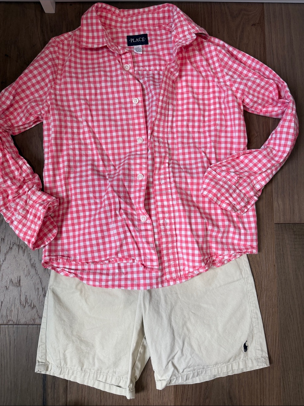 The Children's Place Pink Gingham Button-Down Shirt with khaki polo shorts